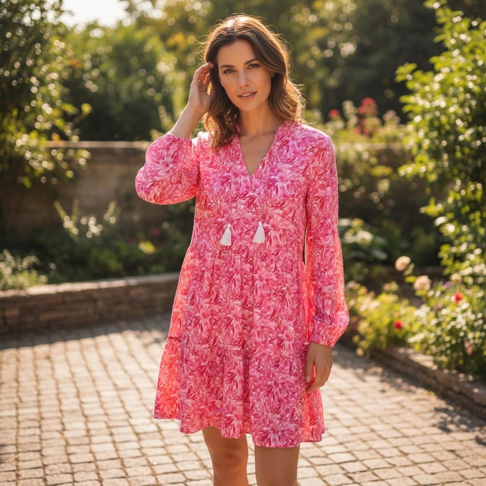 Sz M Stella Parker 100% Rayon Pink Floral Long Sleeve Dress NWOT